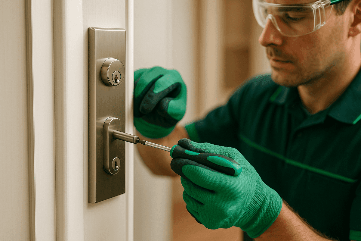 Close-up of locksth's gloved hands installing modern lock on residential door